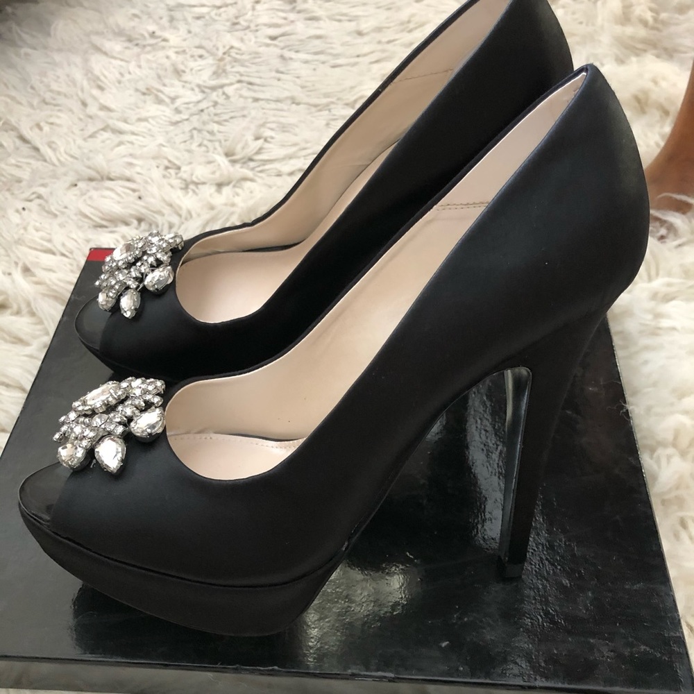 Brand New E! Jeweled Open Toe Black Satin Pump
